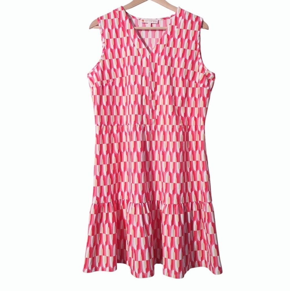 Jude Connally Annabelle Sleeveless Geometric Pink V Neck Stretch Mini Dress